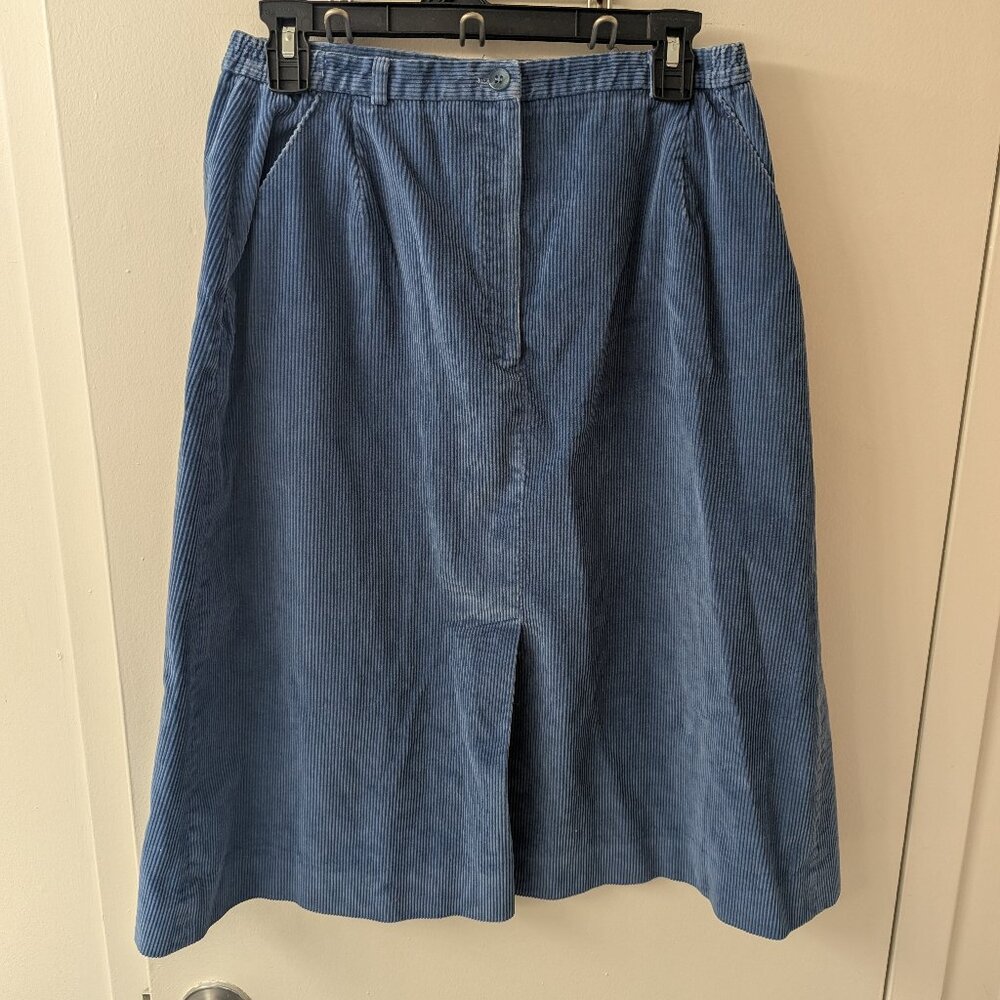 Vintage 70s Blue Corduroy A-Line Midi Skirt | Waist 30 | Also Gordon